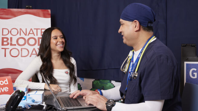 Blood donor asking questions of CTBC doctor